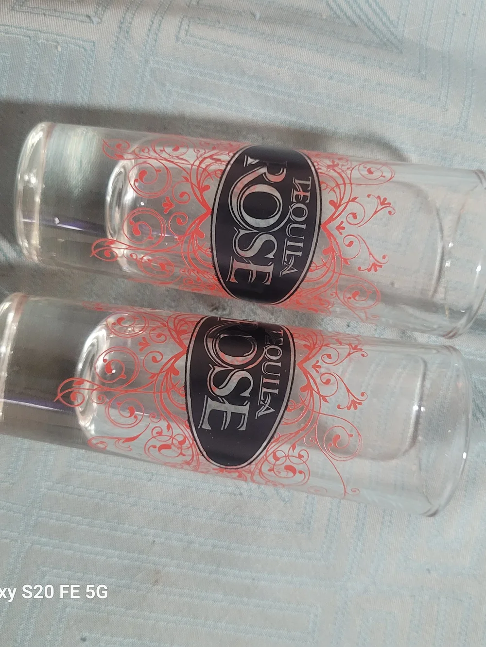 Tequila Rose Branded Clear Shot Glasses with Red Scroll Design - Set of 2